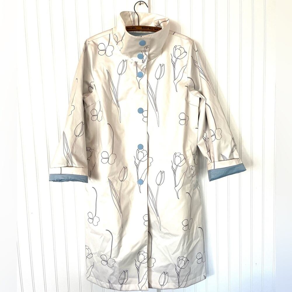 Jane Post New York Rain Slicker Drawn Floral Light Blue White Jacket Size Medium